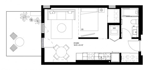Floor plan for studio, 1 bath